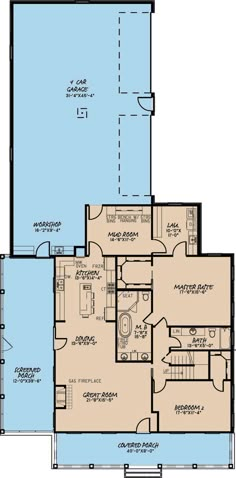 the first floor plan for a home with two separate living areas and an attached garage