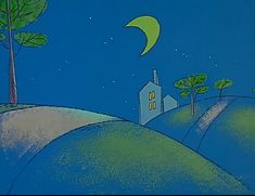 a drawing of a house on a hill at night