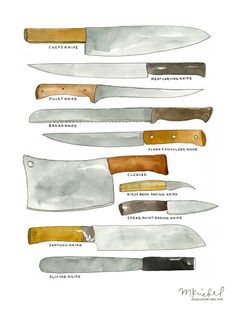 several knives are shown with different colors and sizes