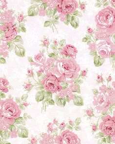 a pink flowered wallpaper with green leaves and flowers on the background is an image of roses