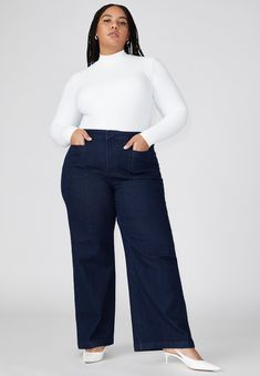 Close fitFront fly zipper with hook and barFull Length inseamHigh riseInseam = 30"LPatch pockets, Functional welt pocketsBelt loopsContour waistbandWide Smart Casual Work, Plus Size Chic, Pantsuits For Women, Swimsuits For All, Shopping Ideas, Reference Photos, Black Bottoms, Wide Leg Denim, Trouser Jeans