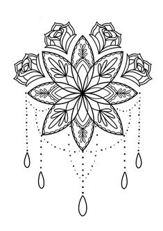 a black and white drawing of a flower with raindrops on the petals,