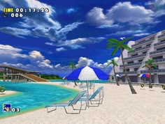 an image of a beach scene with chairs and umbrellas