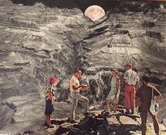 four people standing on top of a mountain with the moon in the sky above them