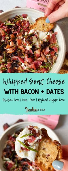 bacon and cheese salad with whipped goat cheese on toasted bread in a white bowl