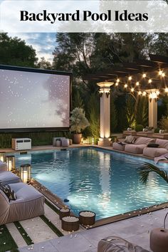 Set up a projector and screen near the pool for outdoor movie nights under the stars, complete with comfortable seating and popcorn. Swimming Pool Backyard, Backyard Pool Ideas, Backyard Swimming Pool, Oasis Backyard, Small Backyard Landscaping Ideas, Pool Backyard