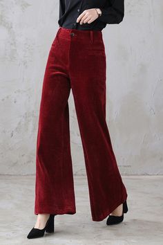 Red Corduroy Pants Wide Leg pants for women Long Pants High | Etsy High Waisted Corduroy Pants, 70s Red Outfit, Red Pants Aesthetic, Red Pant Outfit, Red Linen Pants Outfit, Red Corduroy Pants Outfit, Curvy Christmas Outfit, Red Wide Leg Pants Outfit, Courdroy Pants