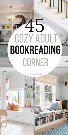 the words cozy adult bookreading corner are in black and white, with pictures of books