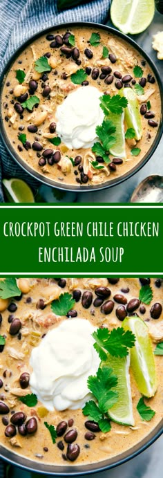 two bowls of crockpot green chile chicken enchilada soup with sour cream and cilantro