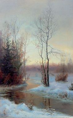 a painting of winter scene with trees and water in the foreground, snow on the ground