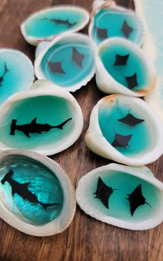 sea shells with bats painted on them sitting on a table