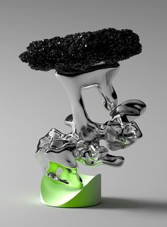 an abstract sculpture with black and green colors on the base, in front of a gray background