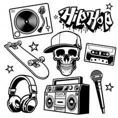 various music related items are shown in this black and white image, including headphones, an mp3 player, a boombox, a skull