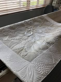 a white quilted bed in front of a window with blinds on the windowsill