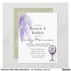 the brunch and bubbly wedding card is shown with a glass of wine