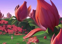 an animated scene with pink flowers in the foreground