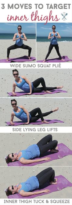 a man and woman doing yoga on the beach with text overlay that reads 3 moves to target inner thighs