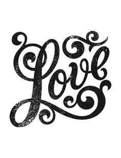 the word love is written in black ink on a white background with swirly scrolls