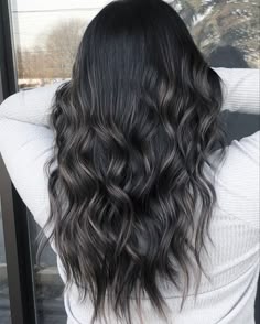 Love this soft cool balayage. Looking for gray/white/cool blonde highlights. Dark Hair With Smokey Highlights, Black Hair With Gray Brown Highlights, Ash On Black Hair, Ash Highlights Dark Hair, Black Hair Cool Tone Highlights, Dark Hair Black, Soft Ash Blonde Balayage Dark Hair, Black Hair With Ashy Blonde Highlights, Dark Hair Ash Blonde Highlights