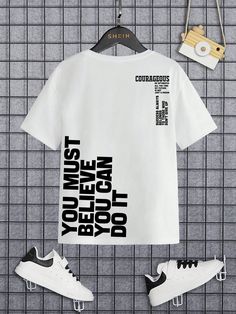 White Casual Collar Short Sleeve Knitted Fabric Slogan  Embellished Slight Stretch  Tween Boys Clothing Printed Tshirt Designs, Modern T Shirt Design, Streetwear Design Inspiration, Typography T Shirt Design, Slogan Tshirt