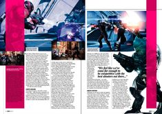 an article in the magazine is shown with images of people and robot suits on it