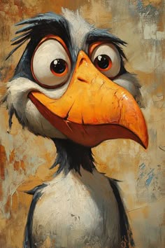 a painting of an angry looking bird with big eyes and a large beak on it's head