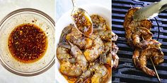 two pictures with different types of food being cooked on the grill and in bowls next to each other