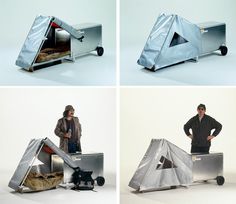 four pictures of people standing in front of an open metal box with a sleeping bag on top