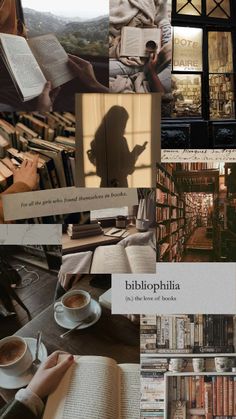 a collage of books, coffee cups, and photos with the words bibliophiia on them