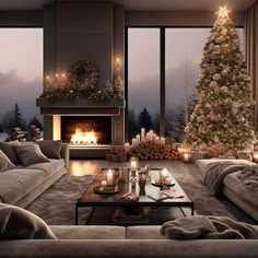 a living room filled with furniture and a christmas tree next to a fire place in the fireplace