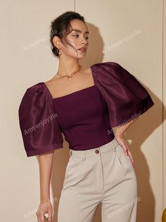 Free Returns ✓ Free Shipping✓. Square Neck Puff Sleeve Blouse- Women Blouses at SHEIN. Square Neck Blouse, Blouse Neck, Blouse Neck Designs, Puff Sleeve Blouse, Women Blouses, Neck Designs, Fashion Online Shop, Online Fashion, Square Neck