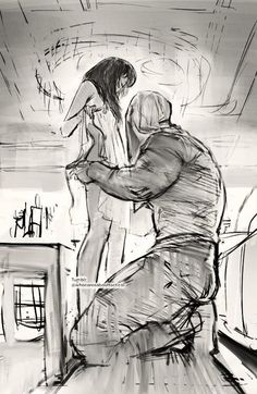 a black and white drawing of two people hugging