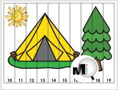 a drawing of a tent and trees with numbers on the bottom line, which are not shown