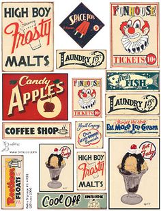 an assortment of vintage advertising signs and stickers