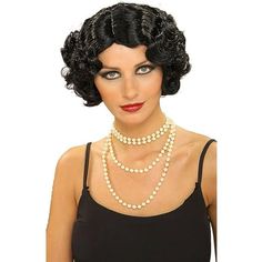 Add some amazing style to the Halloween season with the Flapper Wavy Wig (Black). You'll look like a Hollywood starlet with this gorgeous wig. It is a great accessory for any Flapper costume that's missing just the right topper. Have a great time dancing and partying like a true 1920's beauty. Size: One Size. Sanggul Cepol, 1920 Hairstyles, 1920s Hairstyles, Flapper Hair, Retro Updo, Angled Bob Hairstyles, 1920s Hair, Wig Black, Bob Cut Wigs