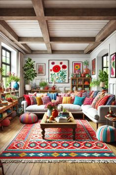 a living room filled with lots of furniture and colorful pillows on top of the couch