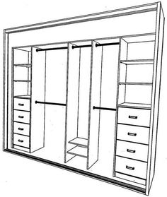 a drawing of a closet with drawers and shelves