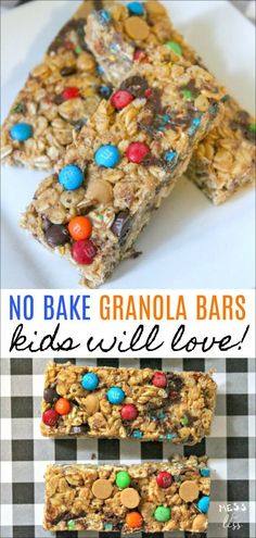 no bake granola bars with m & ms in the middle and text overlay that reads, no bake granola bars kids will love