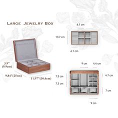 the large jewelry box is shown with measurements for each drawer and its contents in it