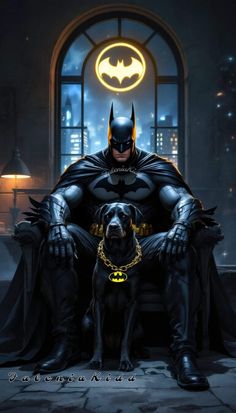 a batman sitting in a chair with his dog