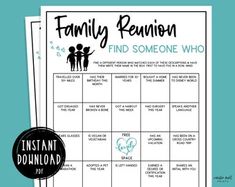 a family reunion game with the words, find someone who is on it and an image of