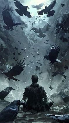 a man sitting in the middle of a forest surrounded by birds