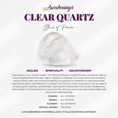 the flyer for an event with white rocks and purple lettering on it, which reads clear quartz