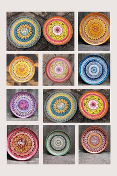 several plates with different designs on them are shown in multiple rows, one is multicolored