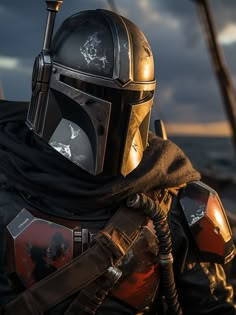 boba fett is standing on the deck of a boat with his helmet on