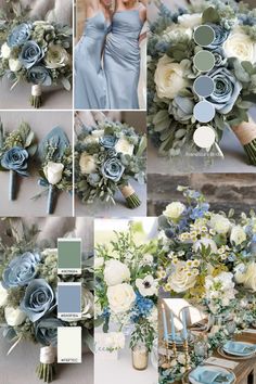 a collage of blue and white flowers with greenery on the bottom, in different shades