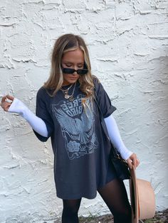 FREE BIRD OVERSIZED TEE Distressed T-shirt For Summer, Oversized Band Tshirt Dress, Edgy City Outfits, Giant Tshirt Outfits, Disstress Shirt, Big T Shirt And Skirt Outfit, T Shirt Dress Aesthetic, Edgy Graphic Tee Outfit, Long T Shirt Outfit For Women