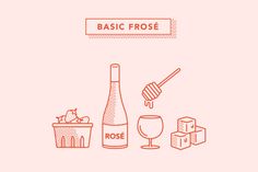 a bottle of wine, a glass and some boxes on a pink background with the words basic frose