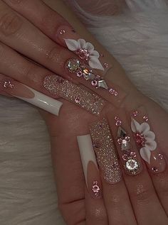 24pcs Long Coffin White Flower French Style Rhinestone Decor Fake Nail Set For, #AD, ##Set, #Sponsored, #Nail, #Fake, #Decor Ongles Bling Bling, Quinceanera Nails, Long Nail Designs, Girly Acrylic Nails, Cute Acrylic Nail Designs, Really Cute Nails, Acrylic Nails Coffin Pink, K Fashion