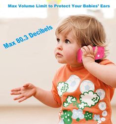 a young child talking on a cell phone with the text max 80 3 decibes